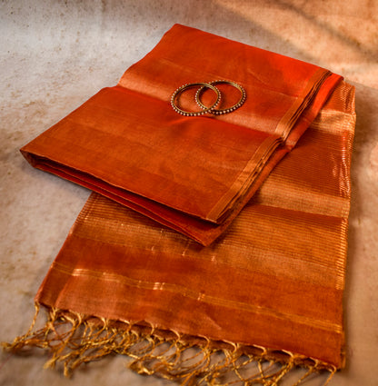 Plain Red Tissue Silk Maheshwari Saree With Golden Zaree MAHTS09