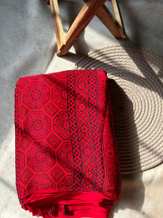 Handpainted Red & Black Ajrakh Premium Modal Silk