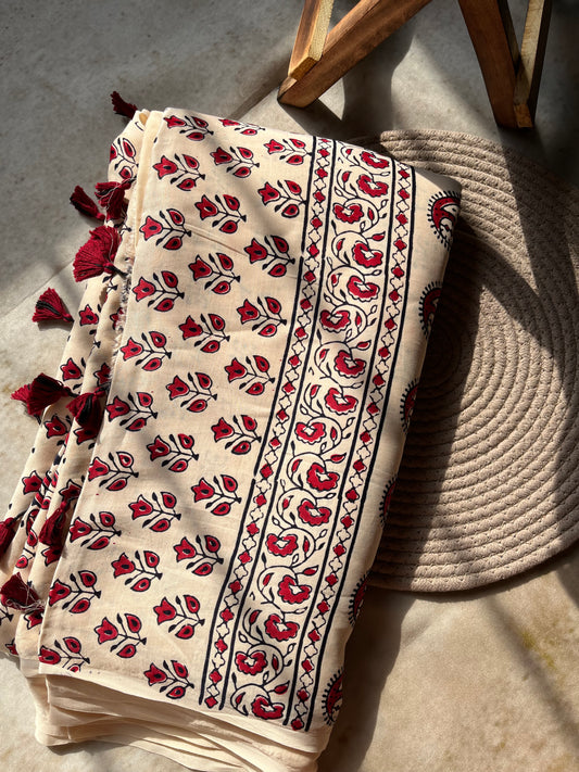 Handpainted White Ajrakh Premium Modal Silk